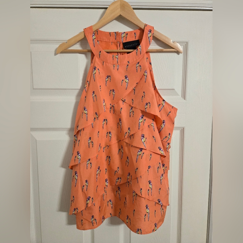 Attention Orange coral Top with Bird Design Ruffles Size XL